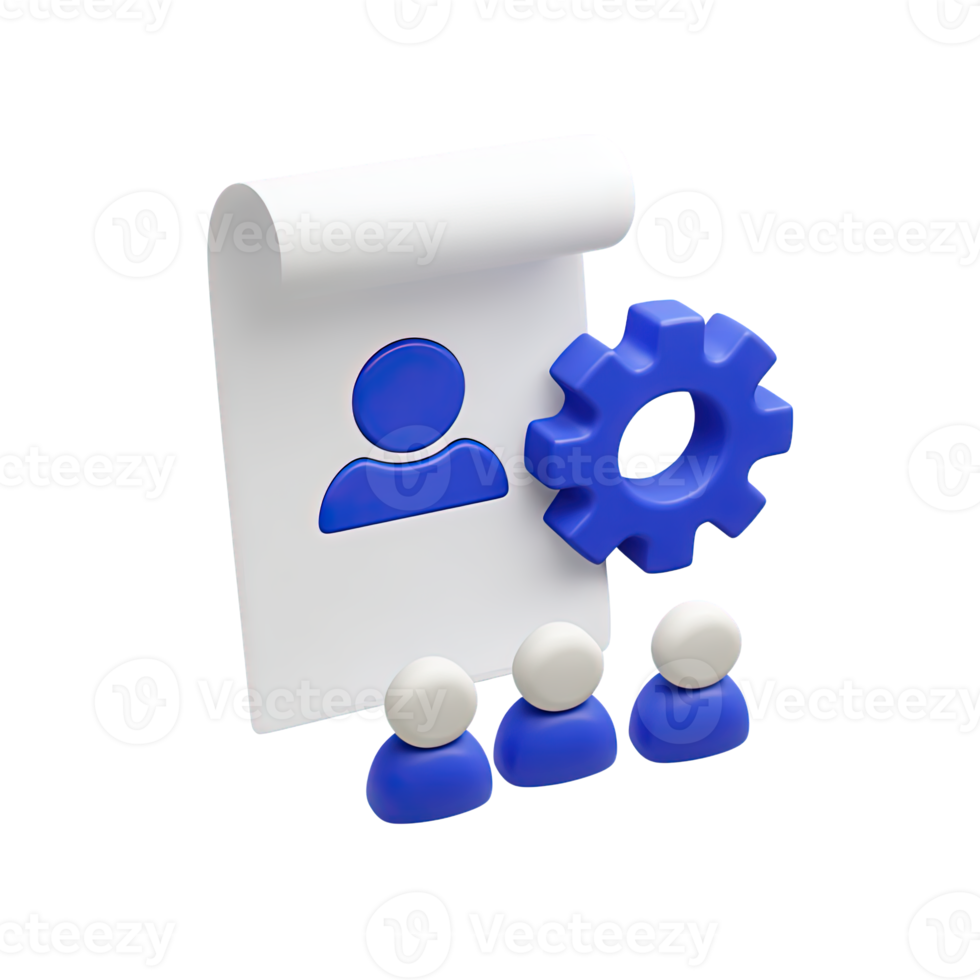 3D document with a gear and people icons, representing a team project plan or HR management document. Isolated rendered graphic for collaborative workflow and organization concepts. png