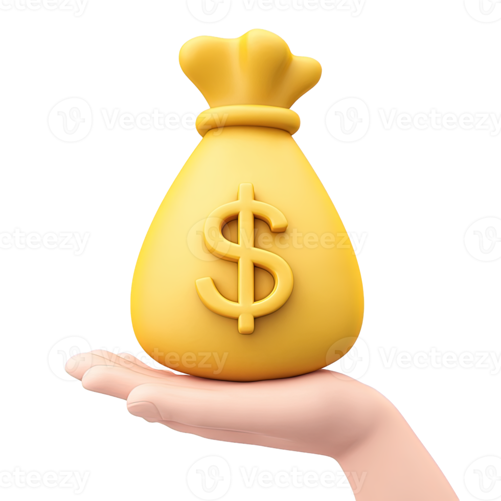 3D hand offering a yellow money bag with a large gold dollar sign, representing financial gain, wealth, and investment. Isolated rendered graphic for profit and economic success concepts. png