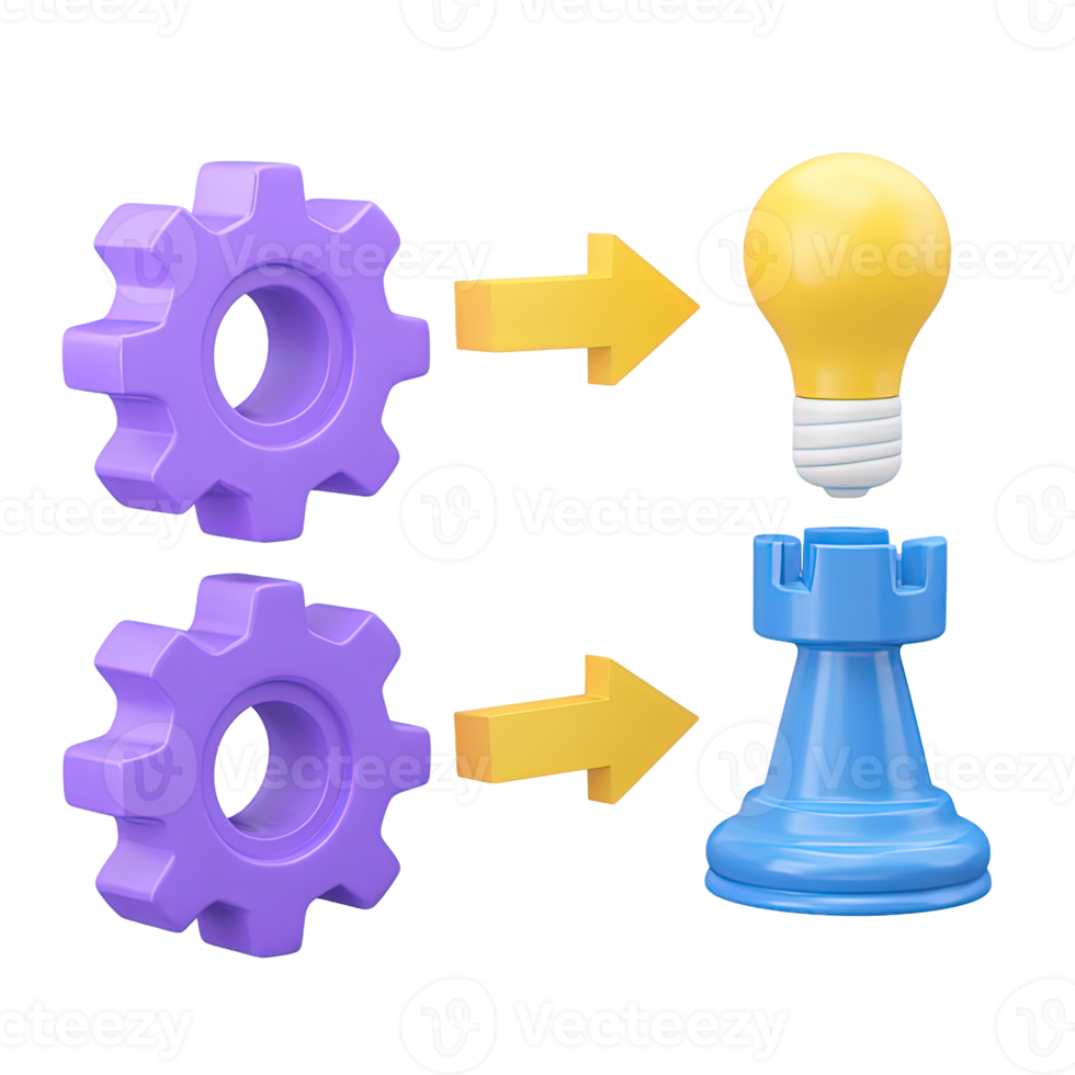 3D gears transforming into a lightbulb idea and a chess rook strategy, showing process to innovation. Isolated rendered graphic for strategic thinking from operations. png