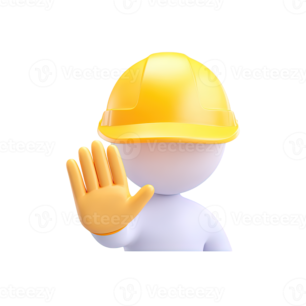 3D person figure wearing a yellow hard hat and making a stop hand gesture, indicating a safety warning. Isolated rendered graphic for hazard alerts and access restriction. png