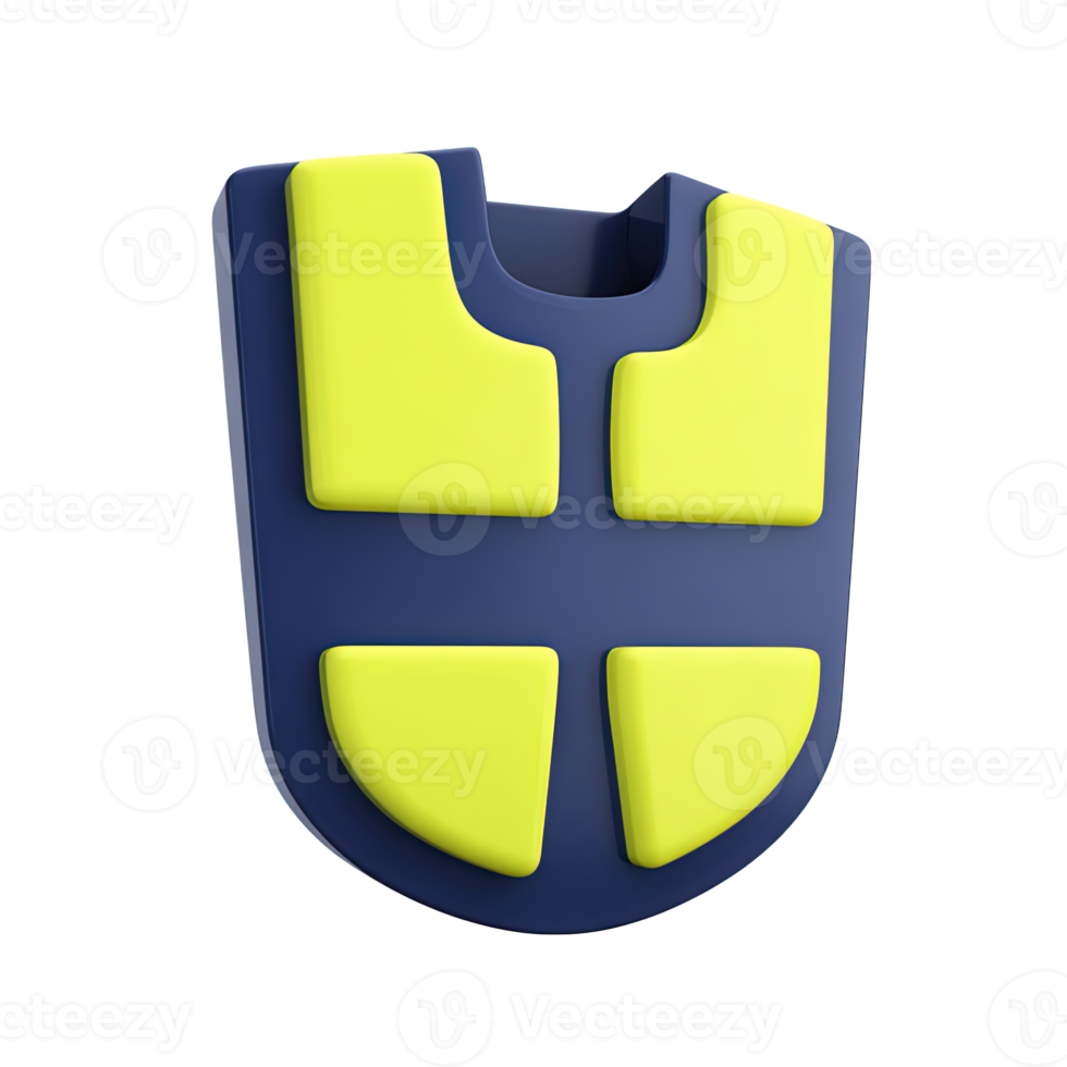 3D yellow construction safety vest on a blue shield, symbolizing worker safety and high visibility protective gear. Isolated rendered graphic for site security and accident prevention. png
