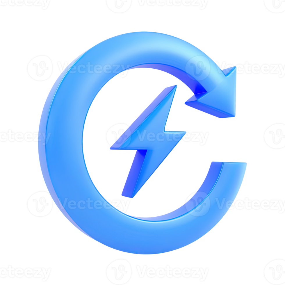 Blue 3D circular arrow with a lightning bolt inside, symbolizing renewable energy, recharge, or power cycle. Isolated rendered graphic for continuous energy and refresh concepts. png