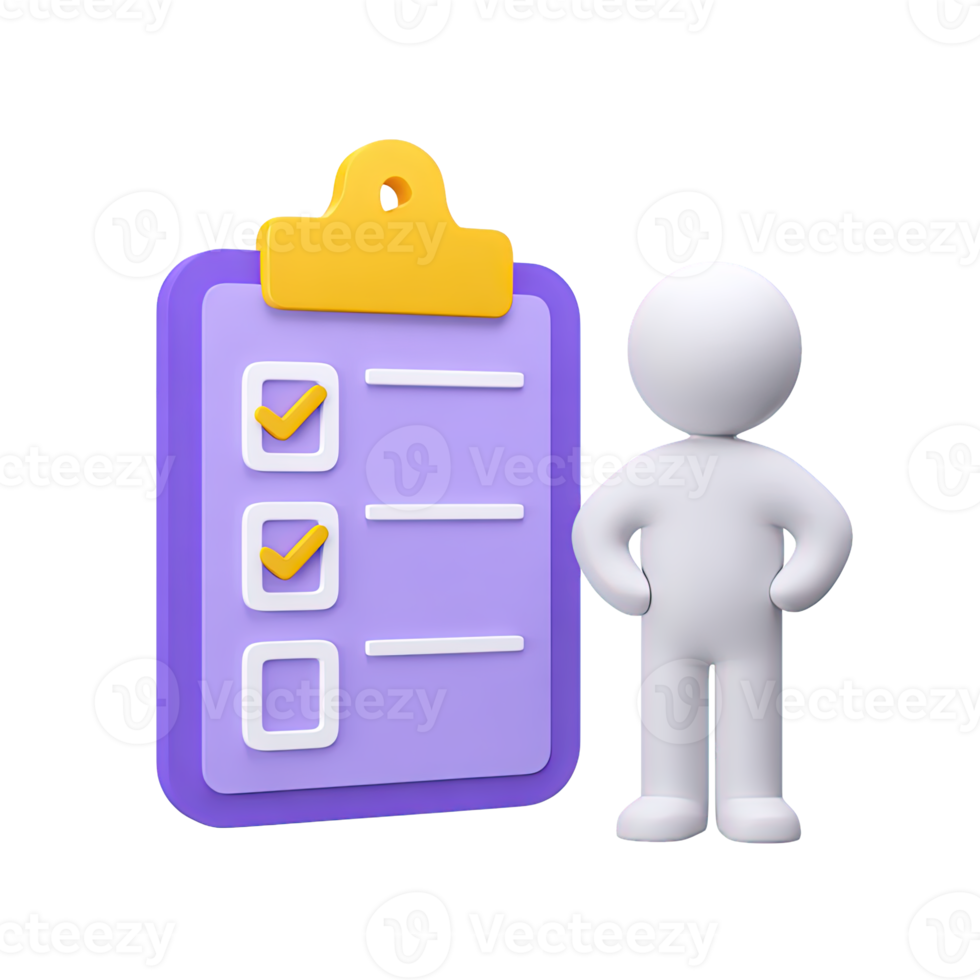3D person standing beside a large clipboard with a checklist, representing project planning or task review. Isolated rendered graphic for survey results and report presentation. png