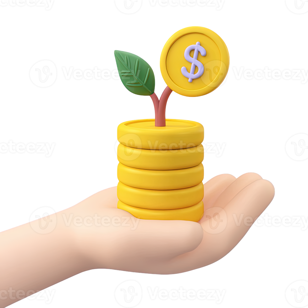 3D hand holding a stack of gold coins with a plant growing from it, topped with a dollar coin. Symbolizing financial growth and investment. Isolated rendered graphic for savings and returns. png