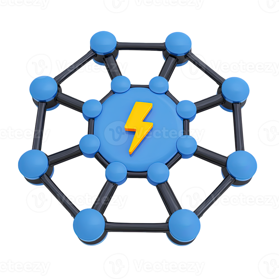 3D network structure with a central yellow lightning bolt, representing an energy grid or power distribution system. Isolated rendered graphic for smart grid and connected electricity concepts. png