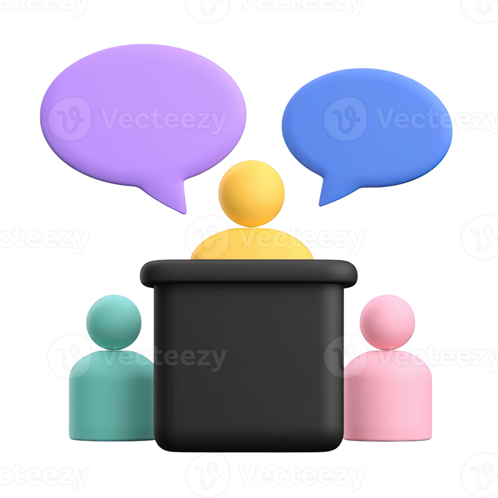 3D person at a podium with speech bubbles, representing public speaking, a presentation, or a lecture. Isolated rendered graphic for conference and communication concepts. png