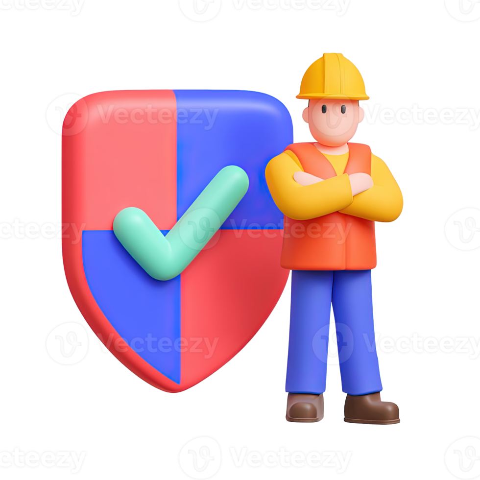 3D construction worker with a hard hat, standing by a shield with a checkmark. For worker safety and site security. Isolated rendered graphic for approved protection measures. png