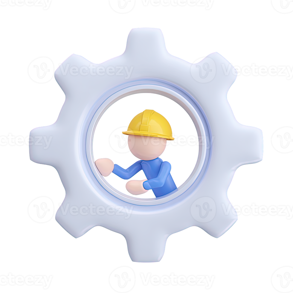 3D icon Light blue gear with a worker figure representing engineering technical staff or a person in a system or process Workforce Isolated png