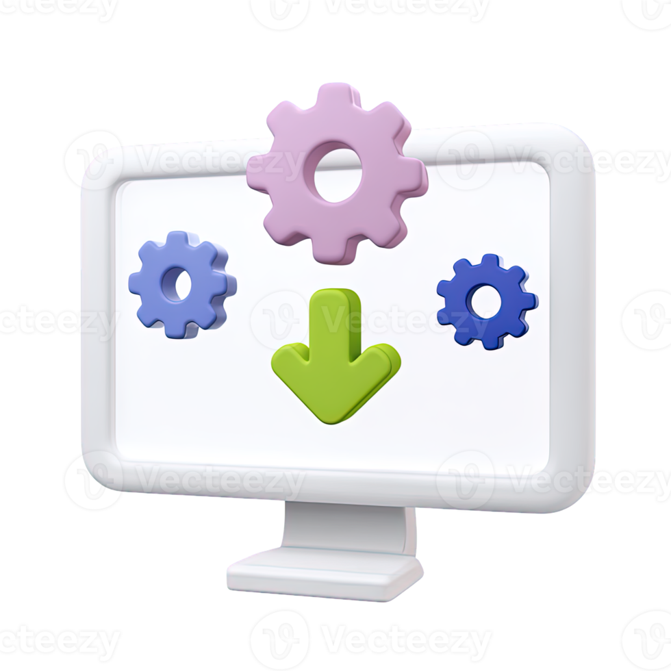 3D icon White monitor with gears and download upload arrows symbolizing system integration data processing or cloud computing settings Isolated png