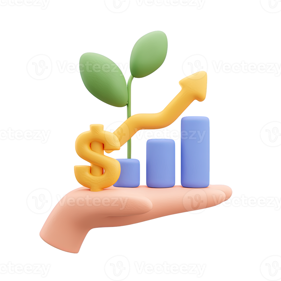 3D icon Hand holding a bar chart with dollar sign and growing sprout Symbolizes sustainable investment green economy or financial growth Isolated png