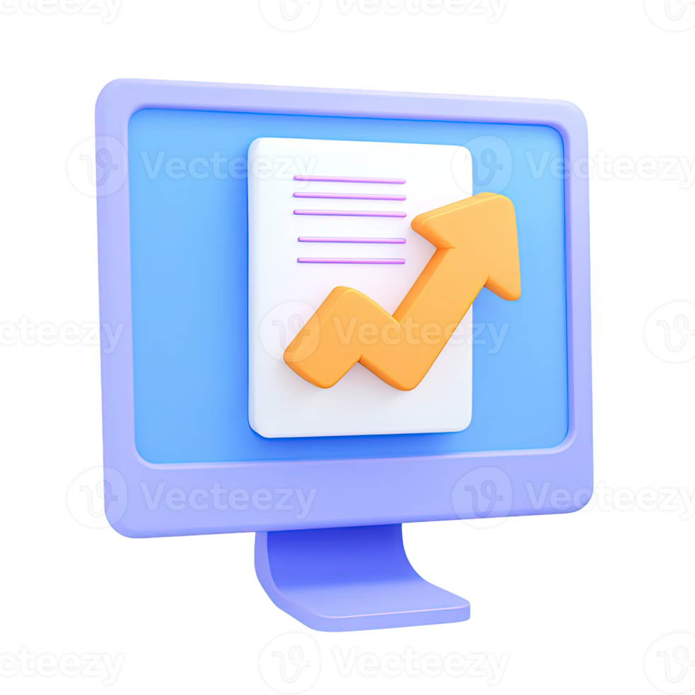 3D icon Light blue monitor angled with document and orange upward graph Signifies data analytics business progress or financial success Isolated png