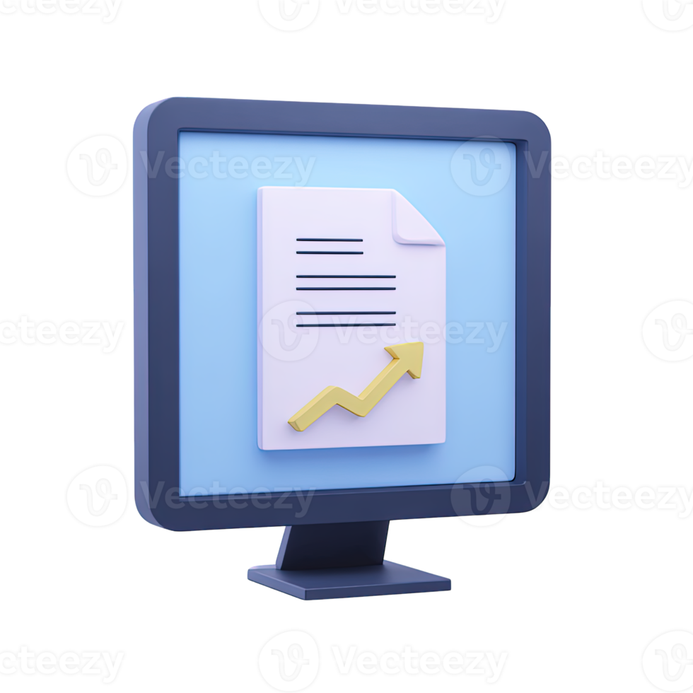 3D icon Dark monitor displaying a document with an upward trending graph symbolizing data analysis business growth or financial report Isolated png