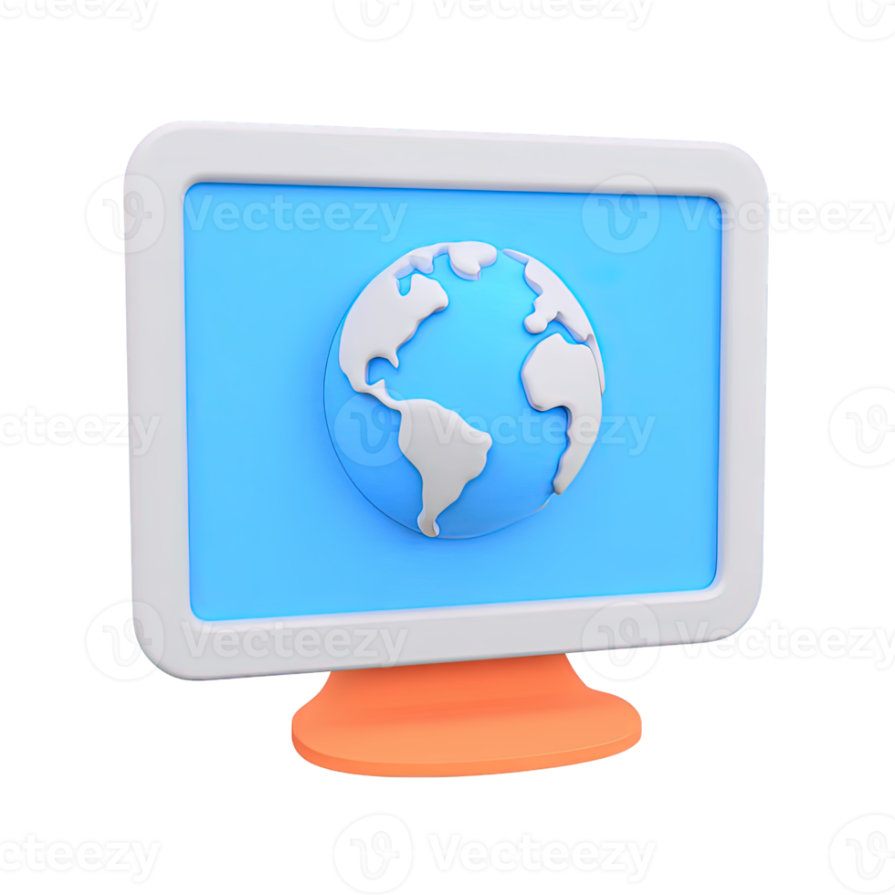 3D icon Blue monitor displaying a globe representing global communication internet connectivity or international business Worldwide tech Isolated png