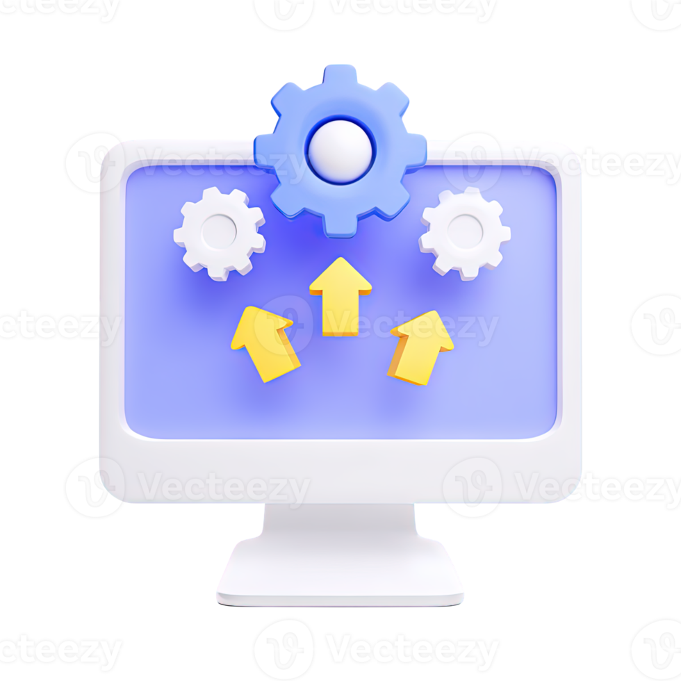 3D icon White monitor with a large blue gear and yellow upload arrows representing software updates system deployment or data upload Isolated png