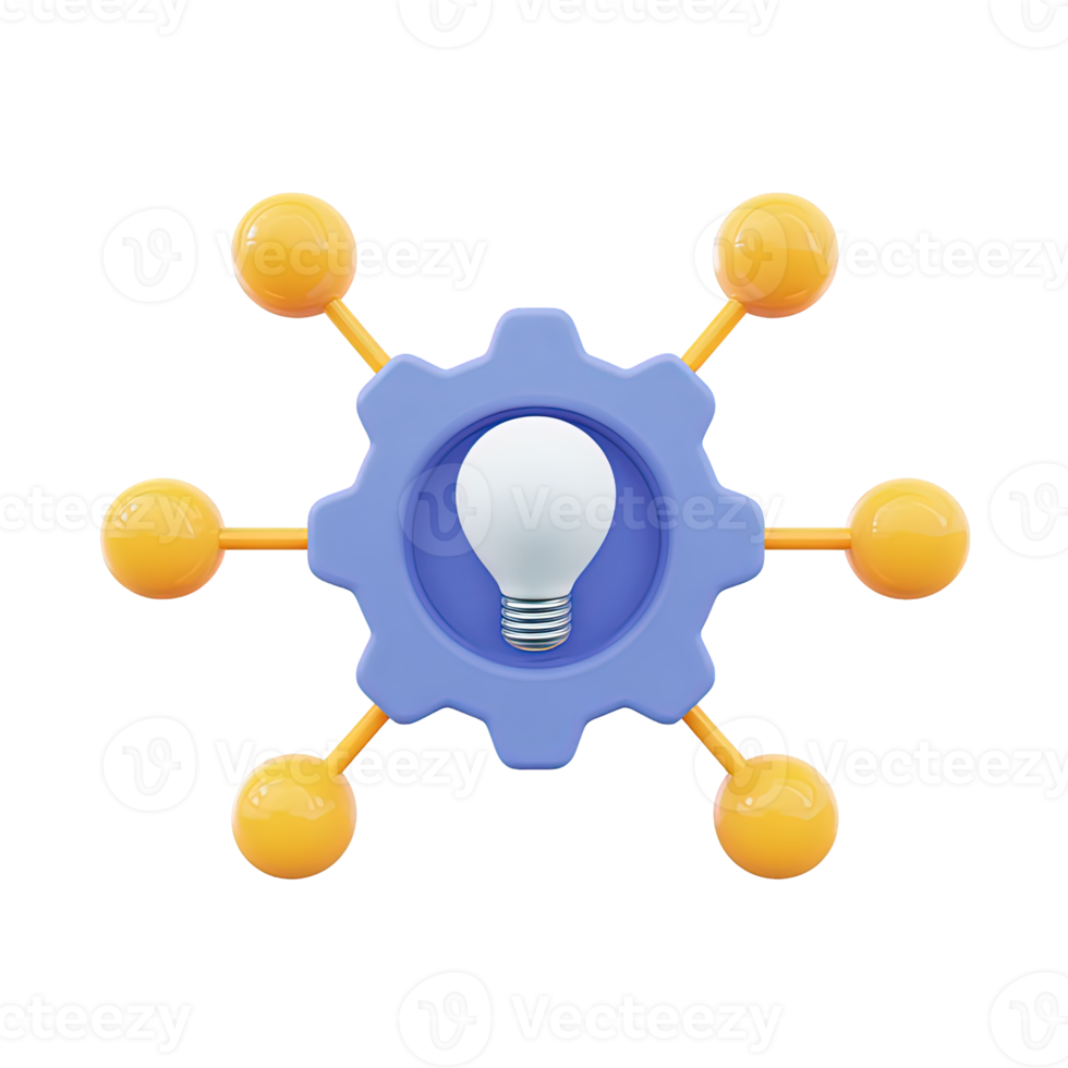 3D icon Grey gear with a lightbulb at its center and connection points symbolizing innovation idea generation or smart solutions Tech Isolated png