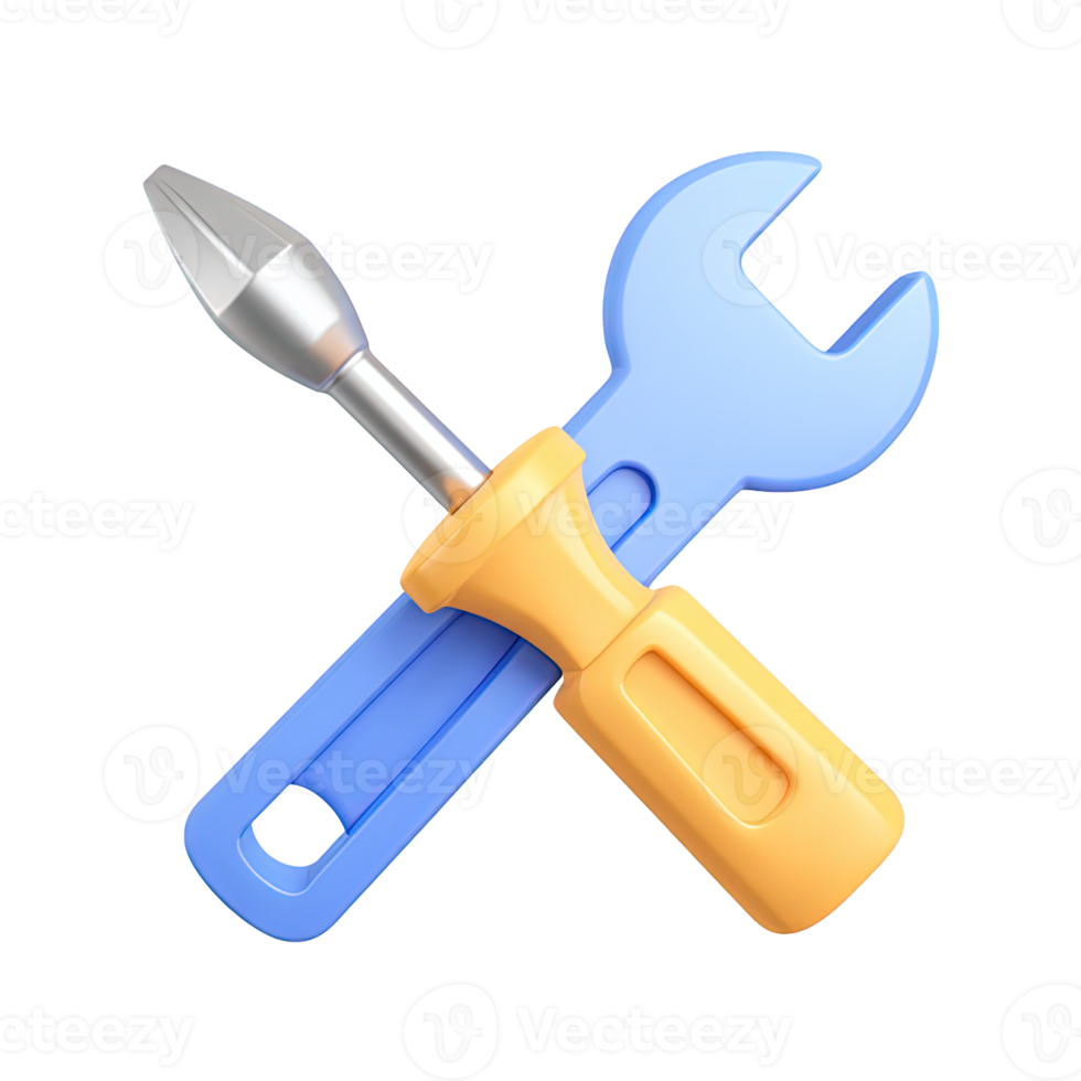 3D icon Crossed yellow screwdriver and blue wrench symbolizing tools repair maintenance or technical support Construction or fixing Isolated png