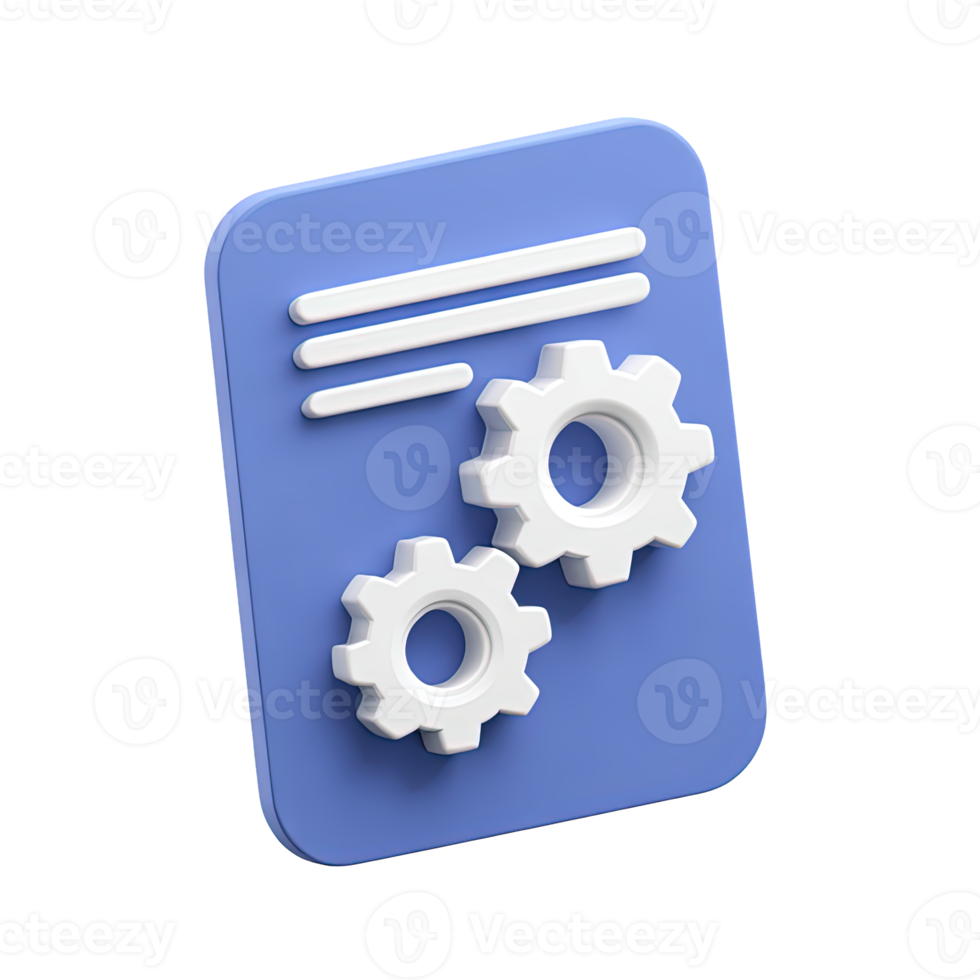 3D icon Blue document with two white gears symbolizing document processing system configuration or automated report generation Management Isolated png