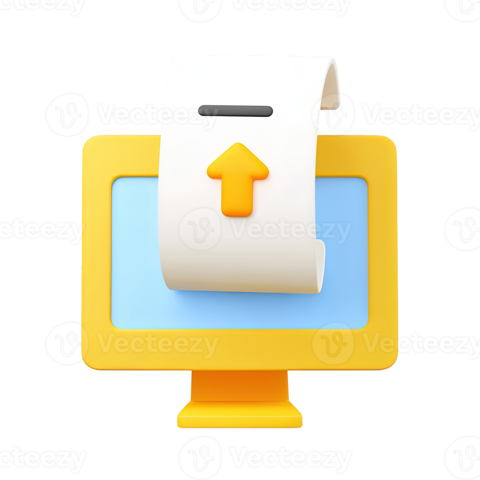 3D icon Yellow monitor displaying a document with an upload arrow symbolizing file transfer data submission or cloud storage Ideal for tech Isolated png