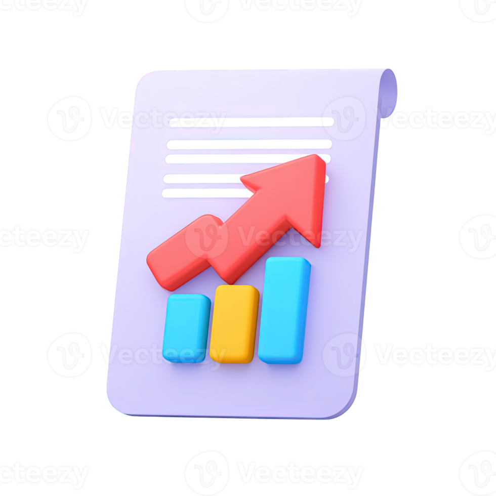3D icon Document with upward trending bar chart and red arrow signifying financial growth sales increase or positive performance report Isolated png