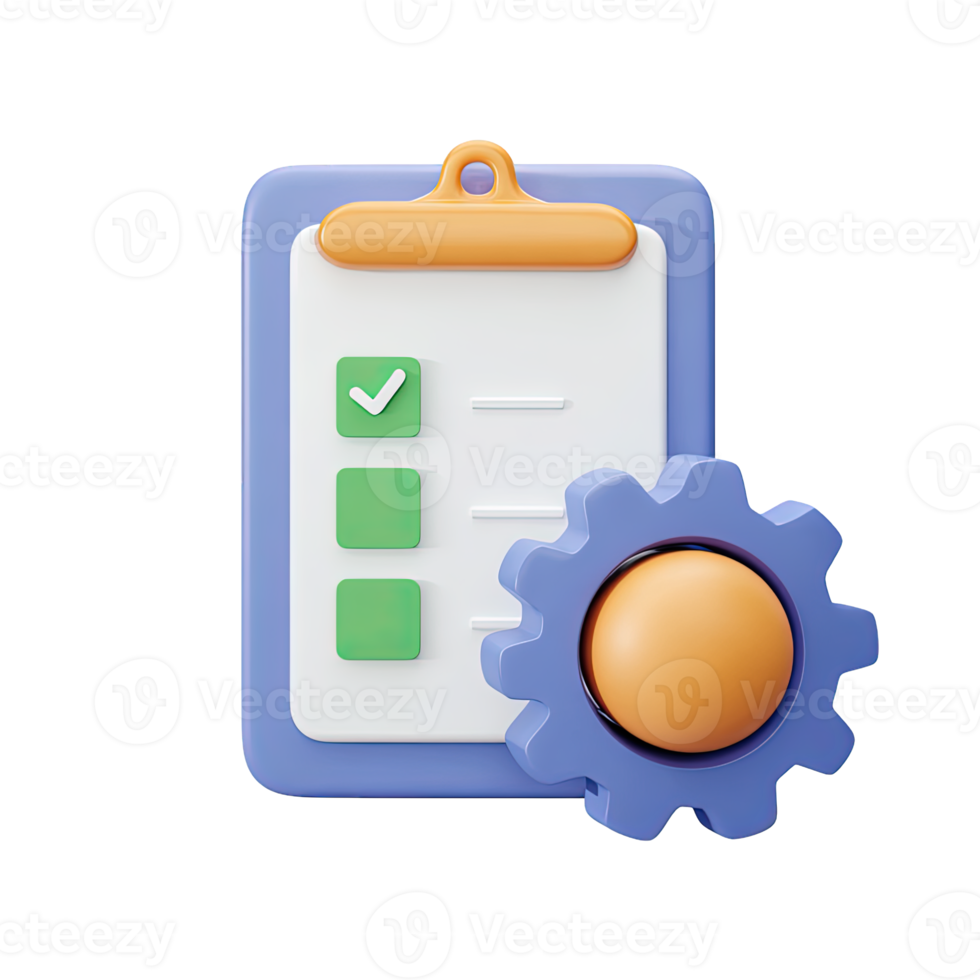 3D icon Blue clipboard with checklist and orange gear symbolizing task management project settings Ideal for business productivity workflow Isolated png