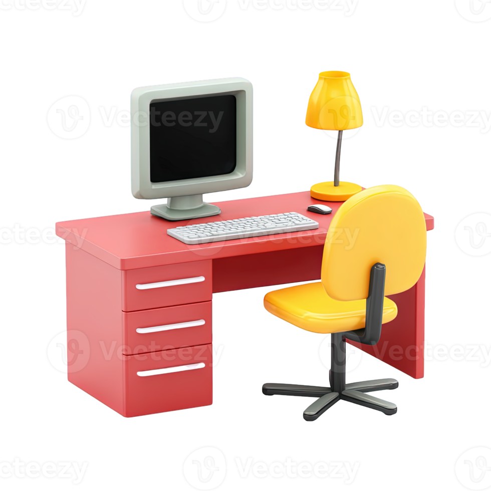 3D icon Red office desk with computer lamp and yellow chair Represents a vibrant workstation creative office or productive environment Isolated png
