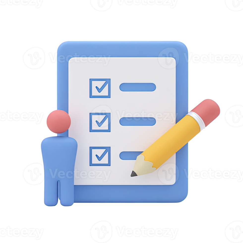 3D icon Person with pencil checking a list on a blue clipboard Symbolizes task completion survey inspection or personal planning Isolated png