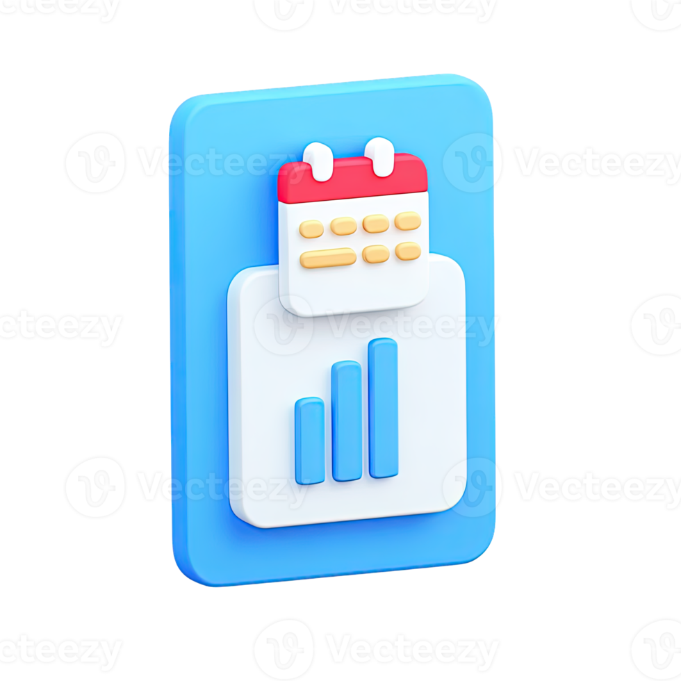3D icon Blue smartphone displaying calendar and bar chart representing mobile analytics financial planning app or progress tracking Isolated png
