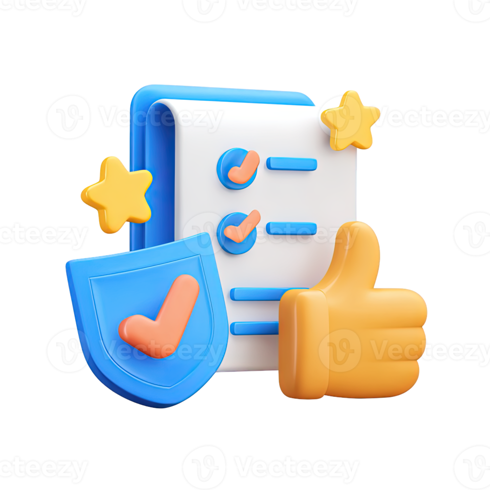 3D icon Checklist on clipboard with shield and thumbs up symbolizing approved security successful audit or positive compliance report Isolated png