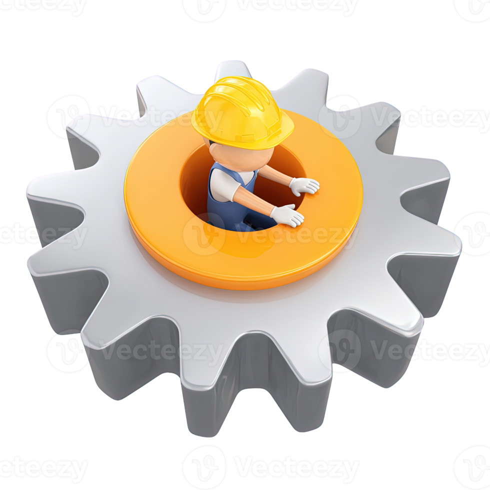 3D icon Grey gear with an orange inner ring and worker figure symbolizing industrial operations skilled technician or mechanical assembly Isolated png