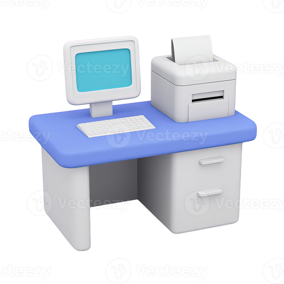 3D icon Office desk with computer printer and blue drawers symbolizing a complete workstation office setup or administrative tasks Isolated png