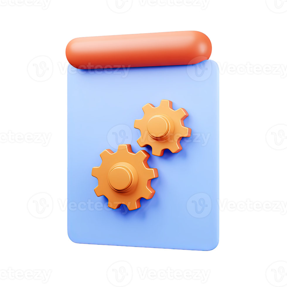 3D icon Light blue clipboard with two orange gears symbolizing operational settings task automation or process configuration Management tool Isolated png