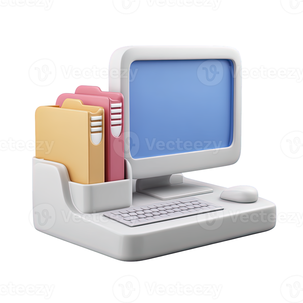 3D icon Desktop computer setup with books keyboard and mouse Symbolizes workstation office e learning or research environment Isolated png