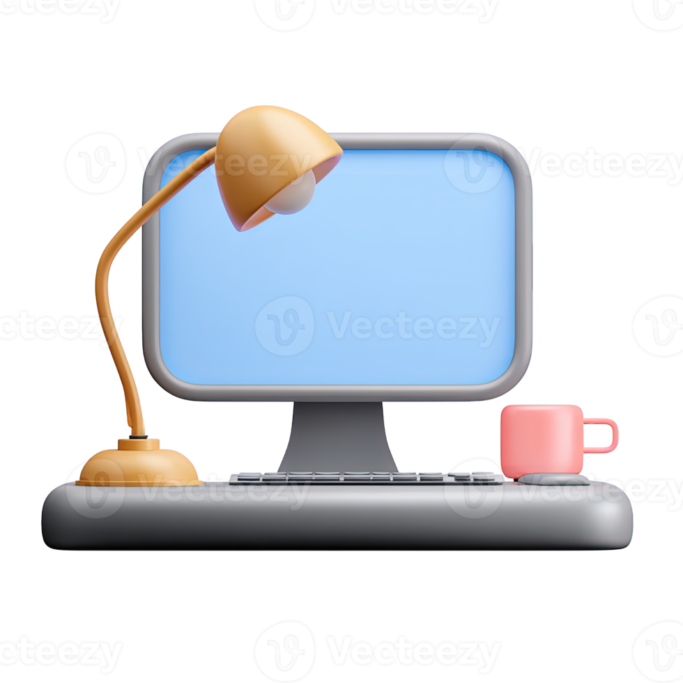 3D icon Blue monitor with desk lamp and pink mug representing a comfortable workspace home office or late night work session Productivity Isolated png