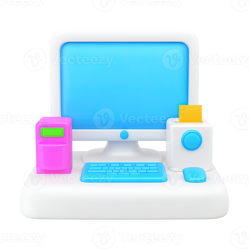 3D icon All in one computer setup with calculator supplies and keyboard Represents office work accounting or a business workstation Isolated png