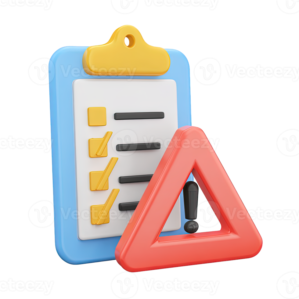 3D icon Blue clipboard with checklist and red warning triangle symbolizing task alert project risk or critical issue Ideal for warnings Isolated png