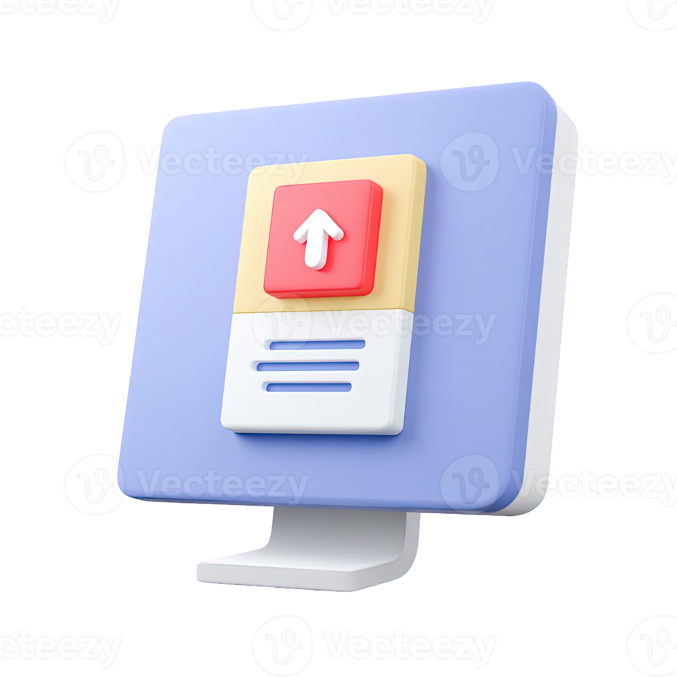 3D icon Blue monitor angled view showing document with upload arrow Represents file transfer data submission or cloud solutions Tech Isolated png