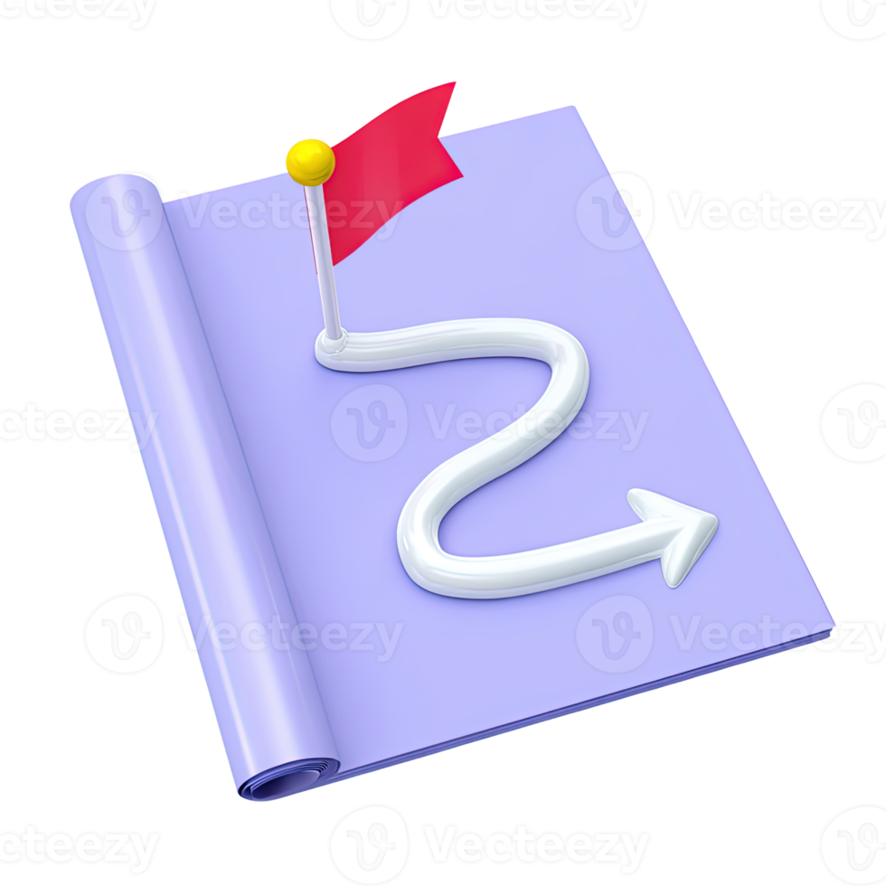 3D icon Purple document with a winding path leading to a red flag symbolizing project roadmap strategic plan or goal achievement Journey Isolated png