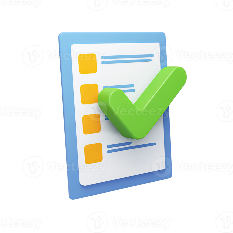 3D icon Blue clipboard with checklist and a large green checkmark symbolizing completed tasks successful verification or approved list Isolated png