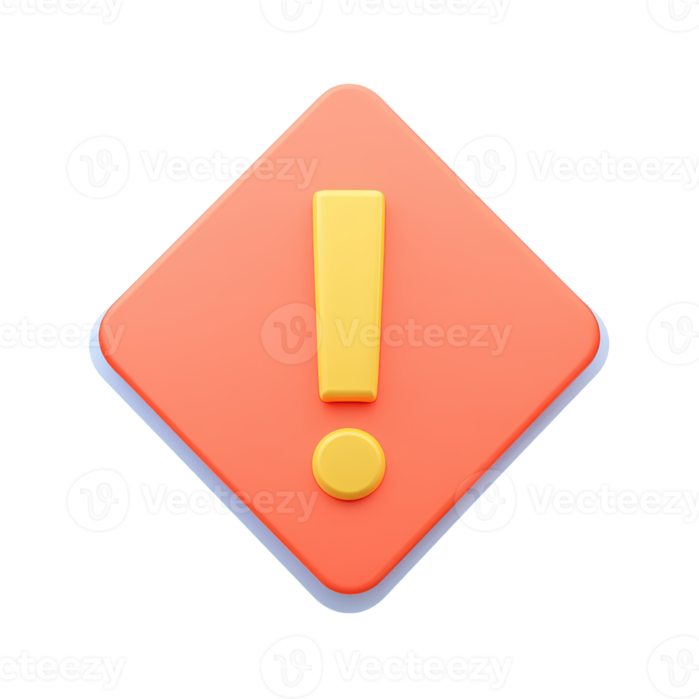 Exclamation mark warning symbol in diamond shape 3D rendered icon for hazard alert caution notification or critical error message png