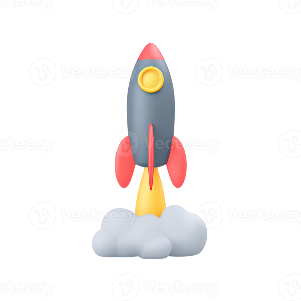 3D grey and red toy rocket launching with orange flames and smoke. Symbolizes startups, new projects, rapid growth, ambition, innovation, or launching ideas. png