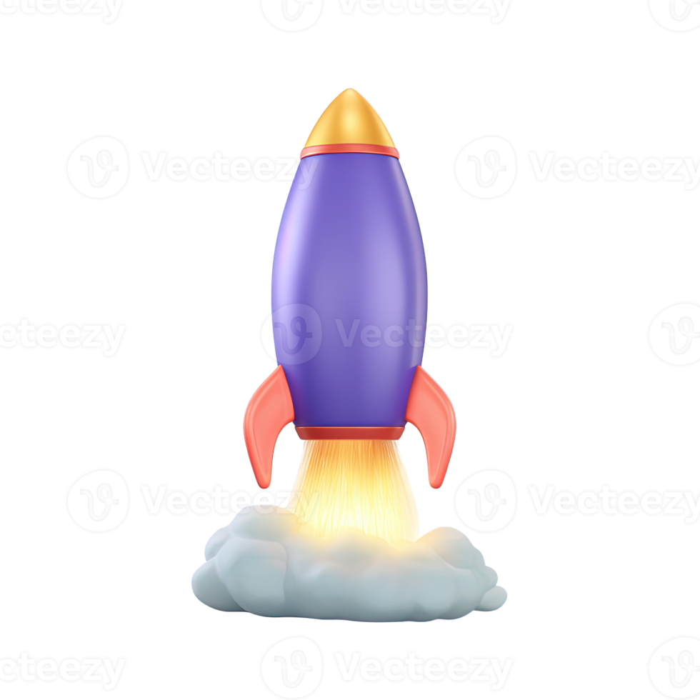 3D purple and blue toy rocket launching with bright yellow flames and smoke. Represents ambitious ventures, project takeoffs, innovation boosts, or rapid progress. png