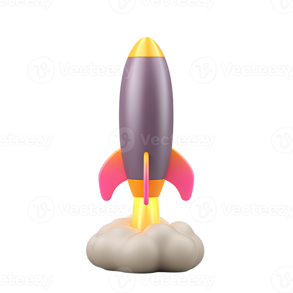 3D purple and pink toy rocket launching skyward with visible flames and smoke. Symbolizes new beginnings, successful launches, achieving lift-off, or dynamic starts. png