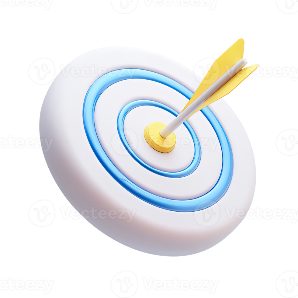 3D white and blue target with a yellow arrow accurately hitting the bullseye. Symbolizes achieving goals, precision, success, accuracy, or hitting objectives. png