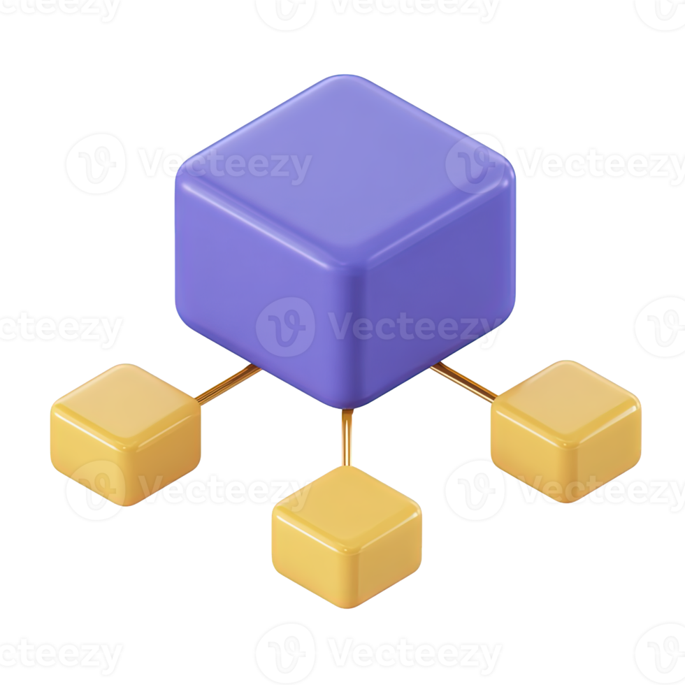 3D icon central purple cube connected to four yellow cubes. Symbolizes network structures, decentralized systems, linked data, or organizational hierarchy. png