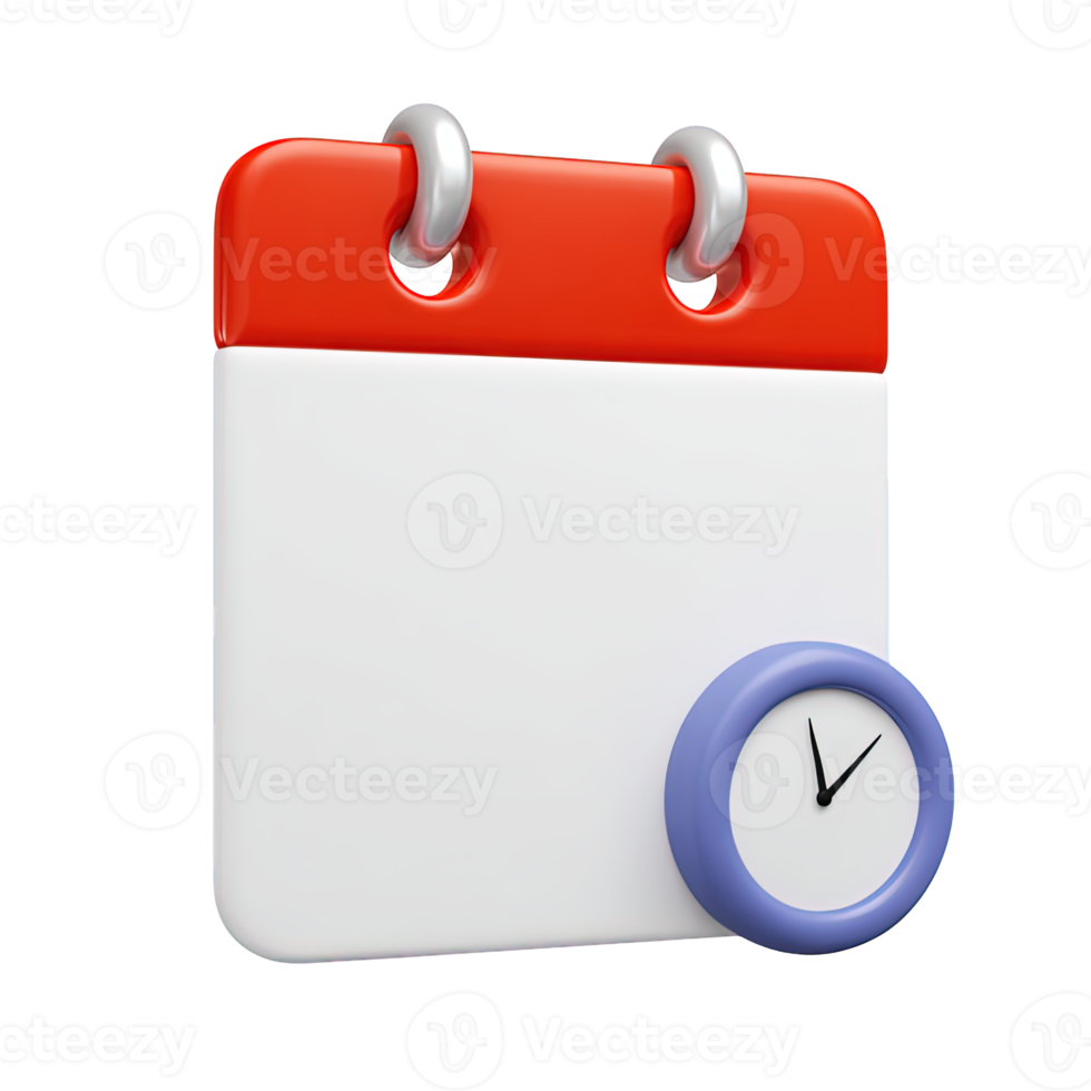 3D red and white calendar icon with a small blue clock. Symbolizes timed events, appointment schedules, deadline management, or specific time-bound tasks clearly. png