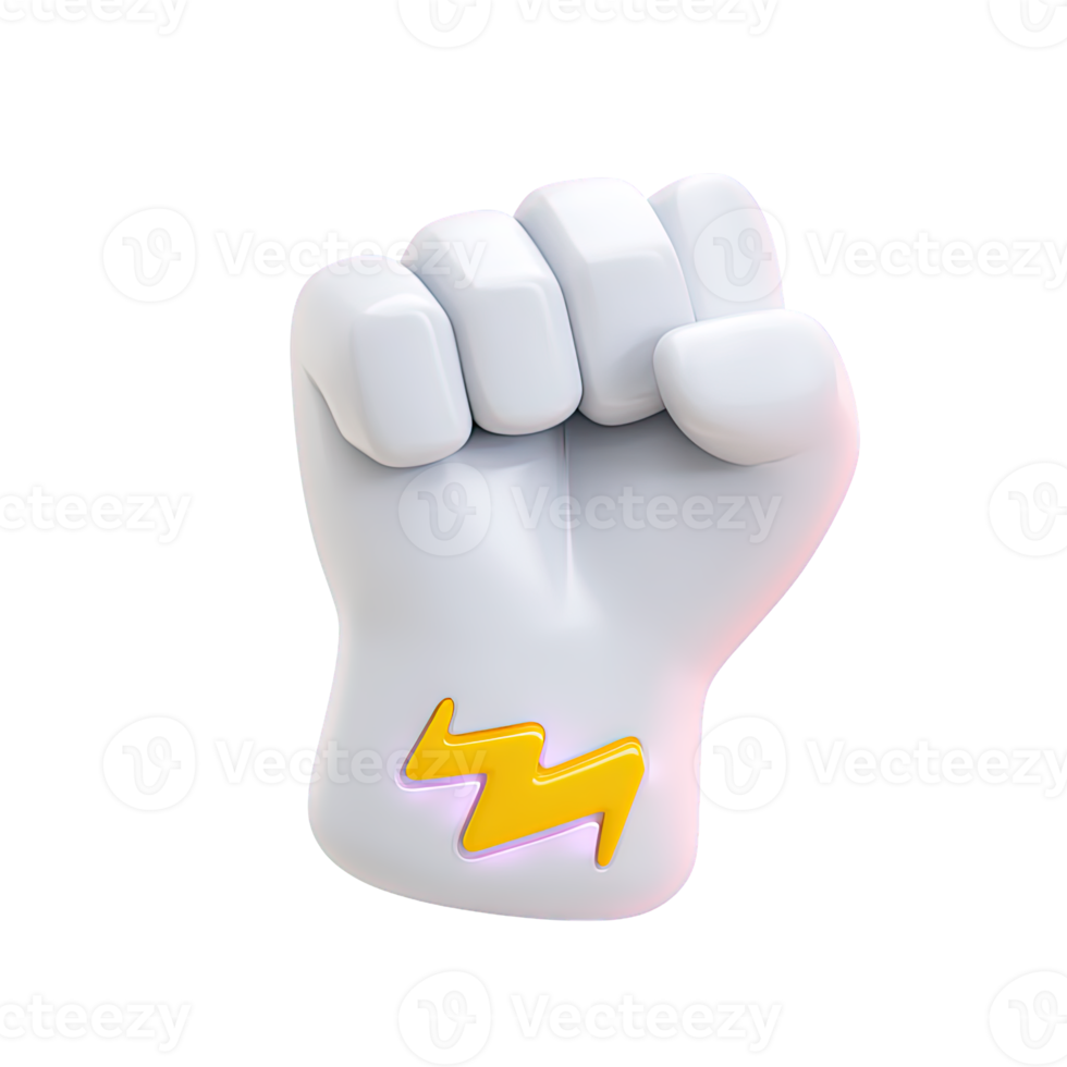 3D white clenched fist icon with a yellow lightning bolt symbol. Represents quick power, energetic action, sudden strike, strength, or a burst of determination. png