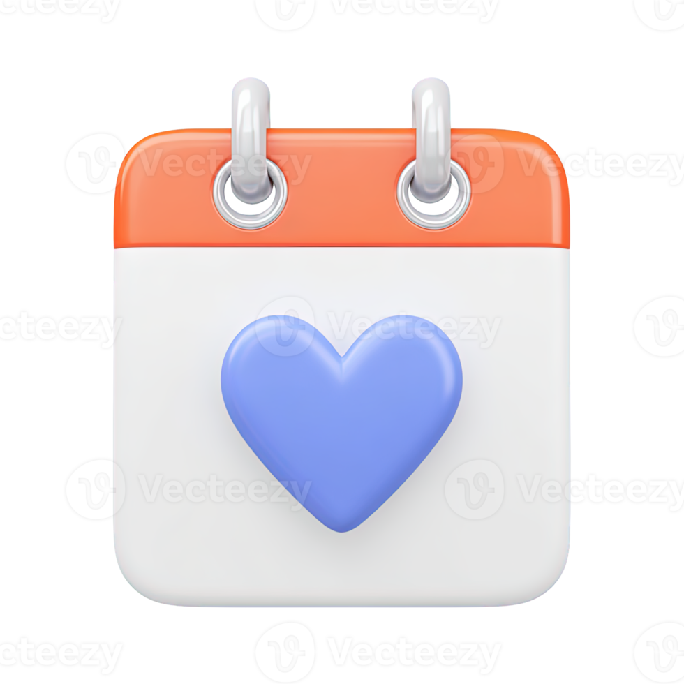 3D white calendar with an orange header, displaying a light blue heart. Represents special dates, anniversaries, loved events, or marking cherished moments. png
