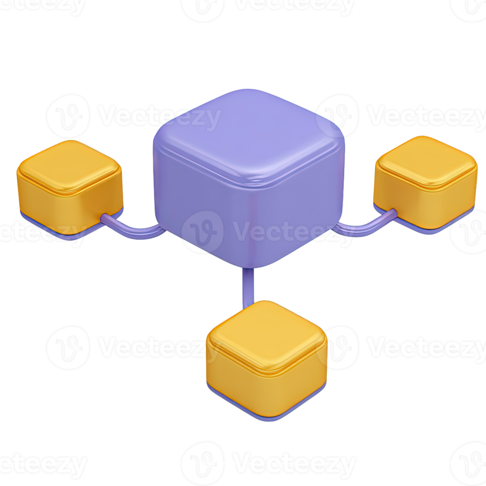 Angled 3D icon light purple central cube linked to four yellow cubes. Illustrates data connections, network topology, system architecture, or distributed ledgers. png