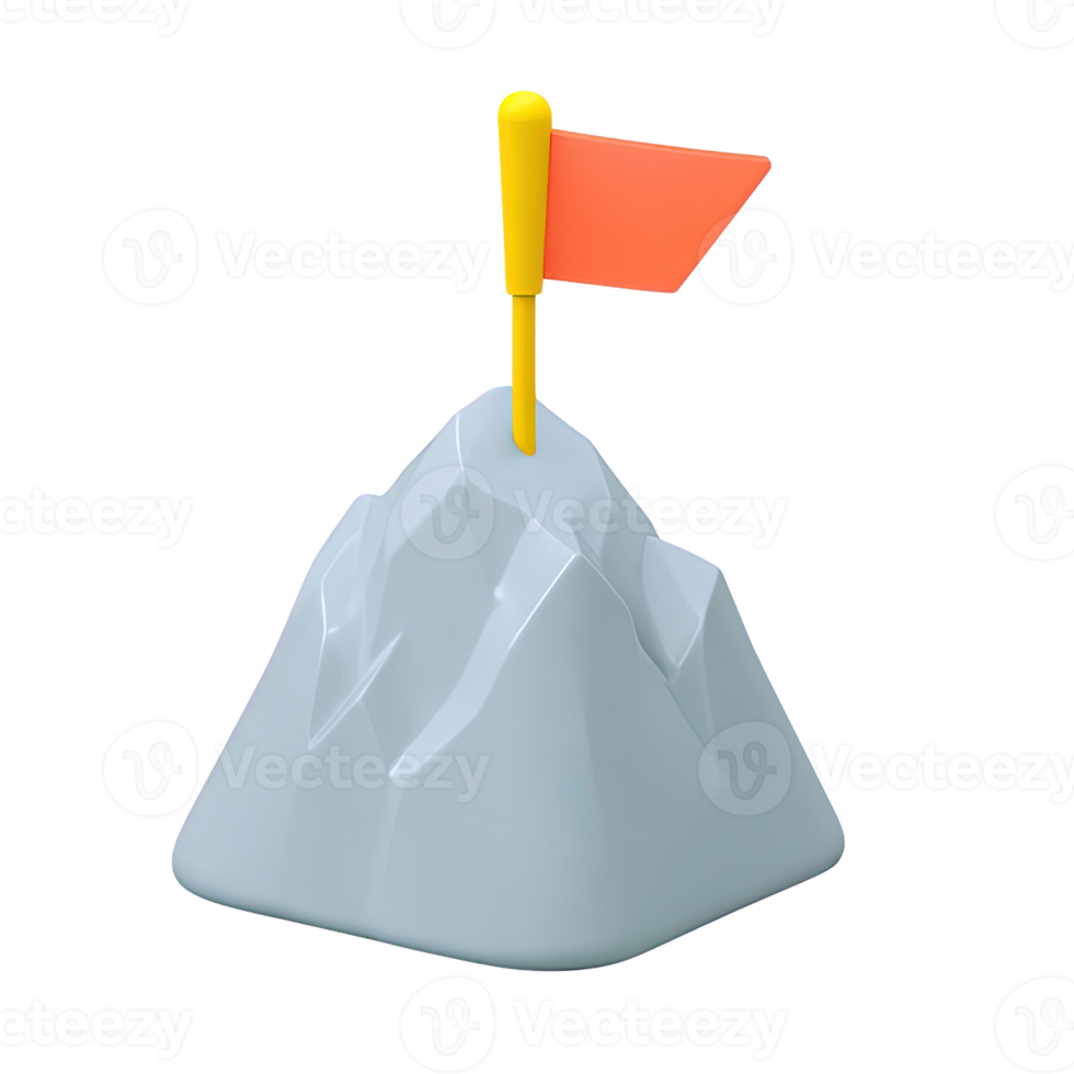 3D grey mountain peak topped with a small orange flag. Represents achieving goals, reaching summits, success, overcoming challenges, or marking a key milestone. png