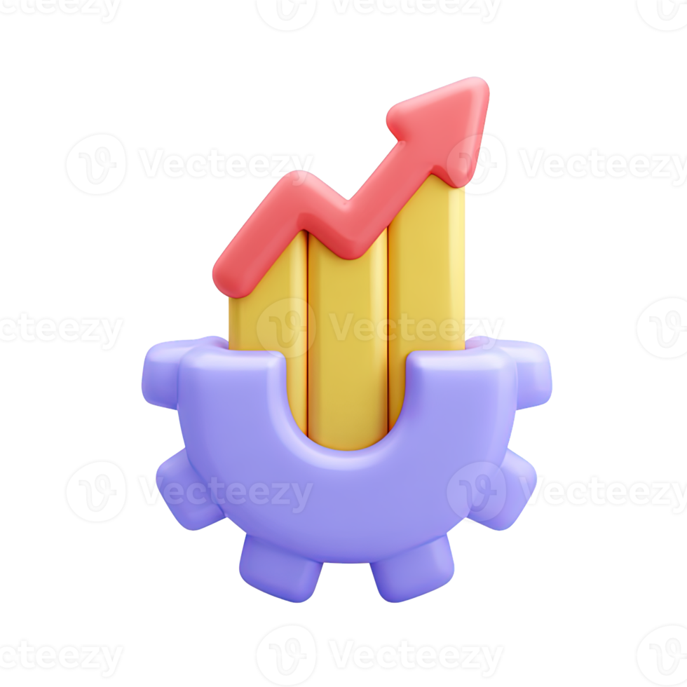 3D icon purple gear enclosing a yellow bar chart with a rising red arrow. Represents operational growth, process improvement, performance analytics, efficiency. png